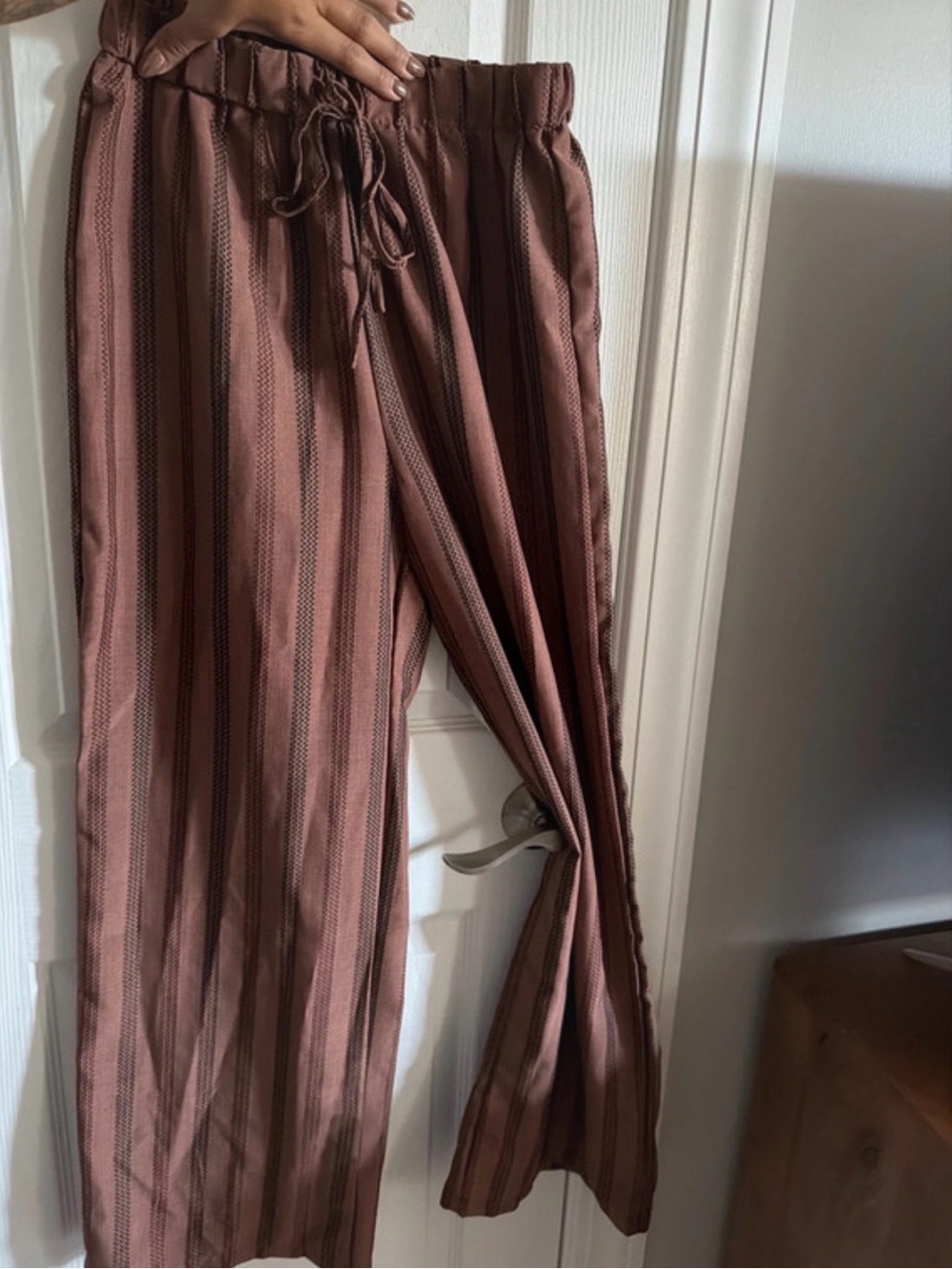 SHEIN Wide-Leg Striped Drawstring Pants in Rose Brown